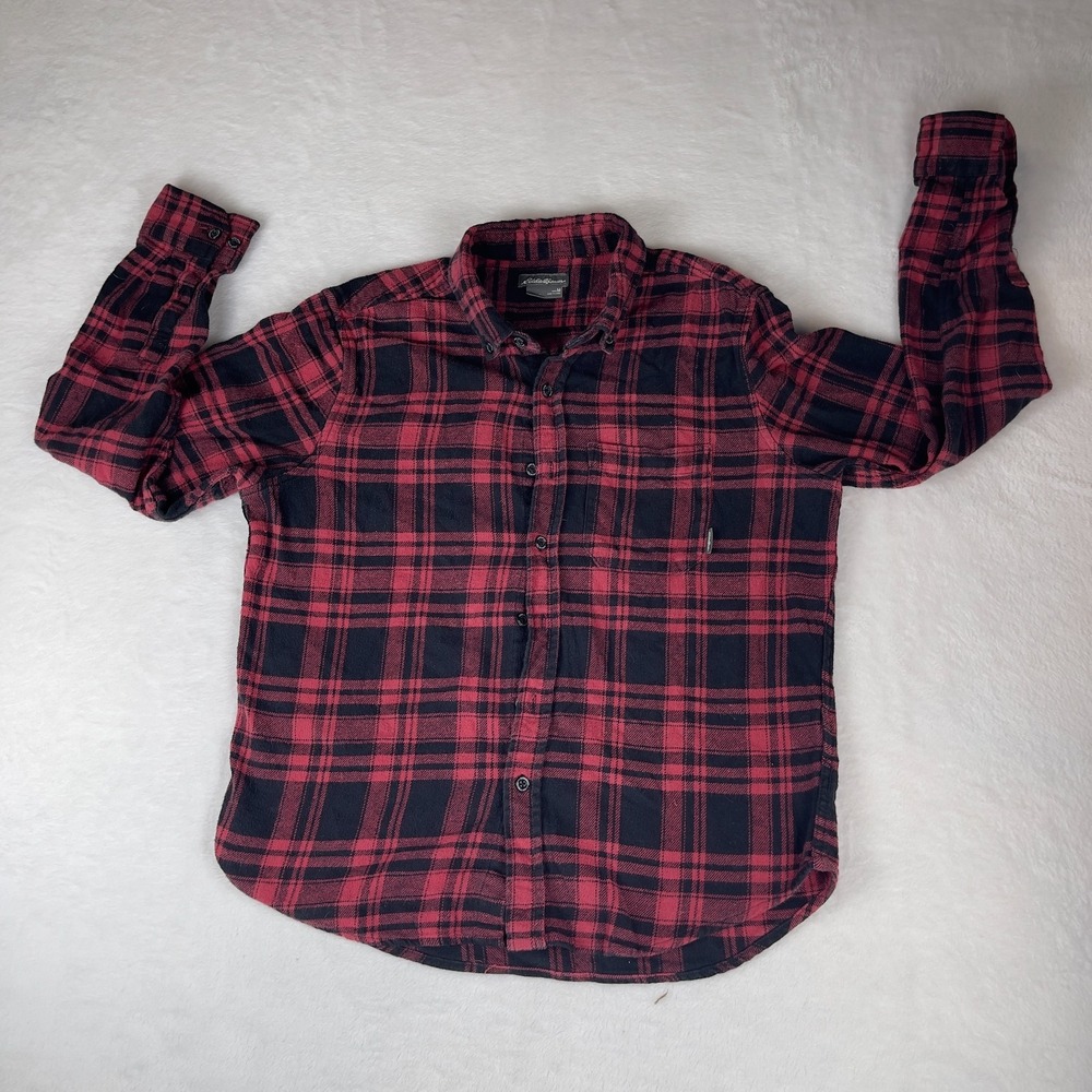 Eddie Bauer Flannel Shirt Men's Medium Black Red Plaid Long Sleeve Button‎ Up